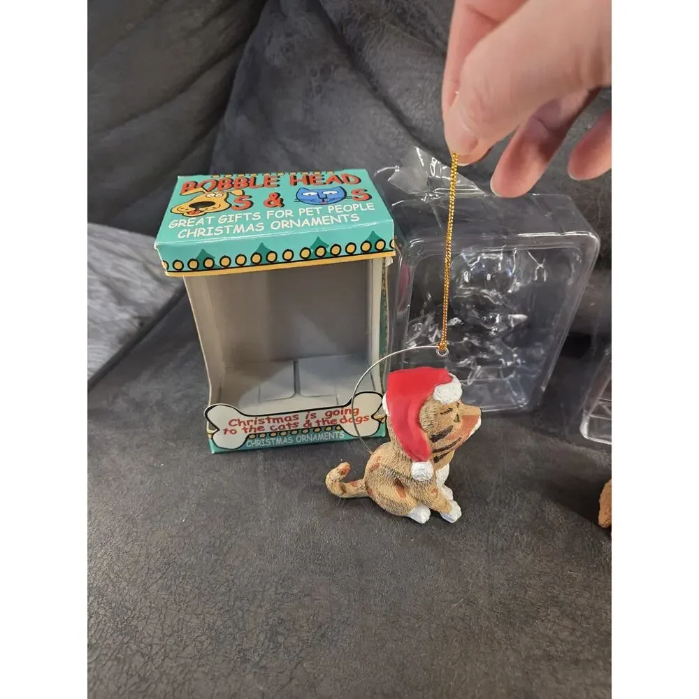 Vintage Cavanagh Bobble Head Christmas Ornaments - Golden Retriever & Tabby Cat